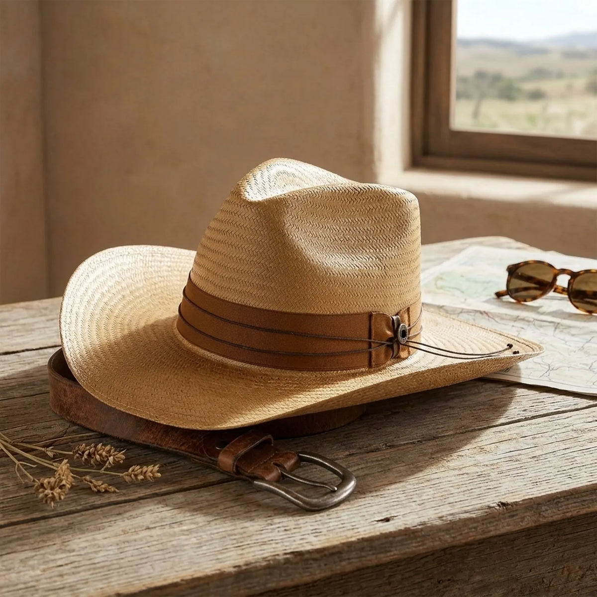Tan Straw Floppy Sun Hat with Chin Tie and Wide Brim