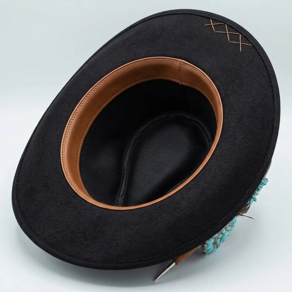 Black Felt Cowboy Hat Turquoise Concho Feather Western