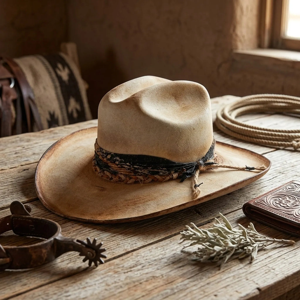 Tan Distressed Felt Fedora with Black Band Twine Rope
