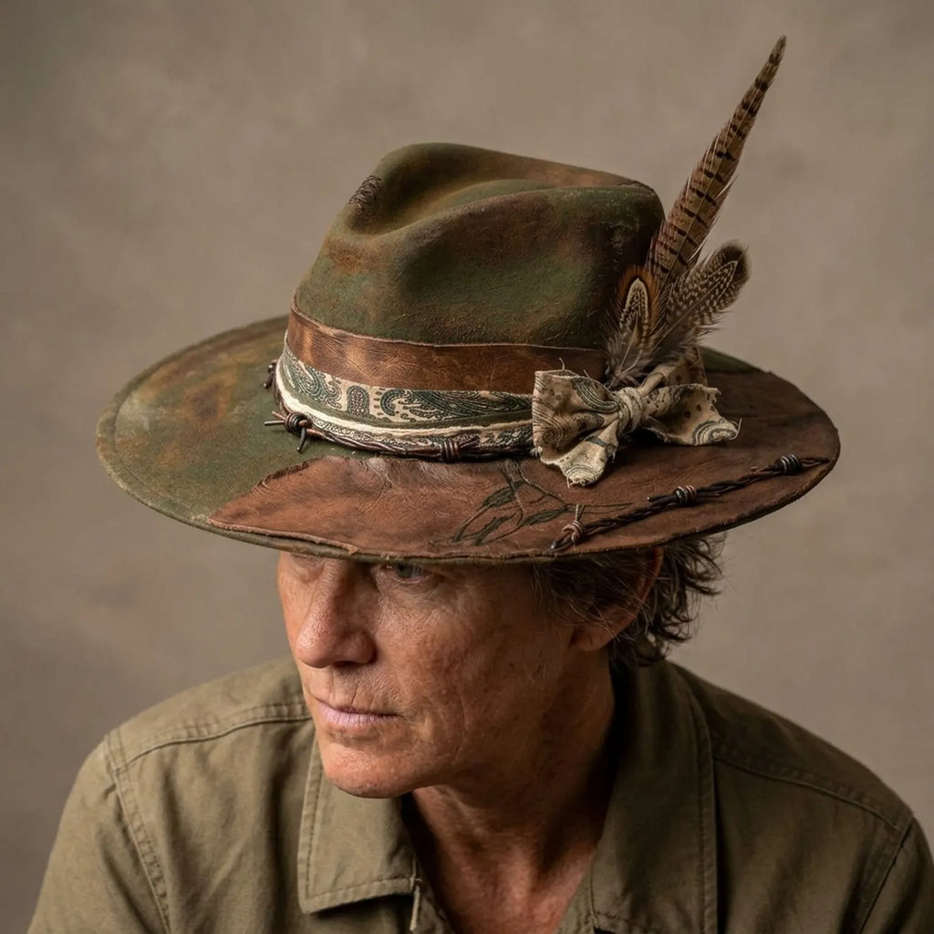 Olive Patchwork Fedora with Barbed Wire and Paisley Band