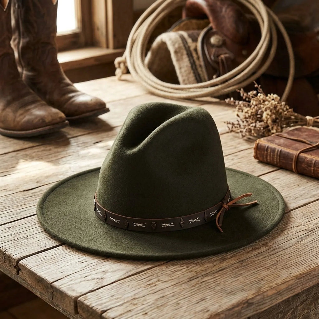 Dark Olive Boho Felt Hat with Cross-Stitched Leather Band