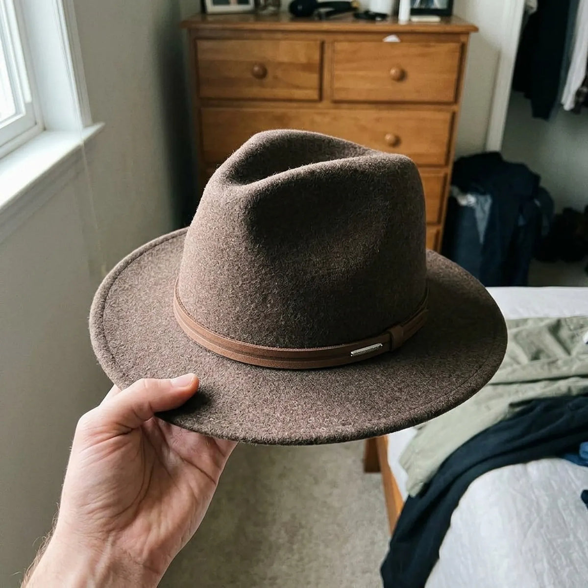 Brown Wool Felt Fedora with Tan Leather Band, Classic Teardrop Shape