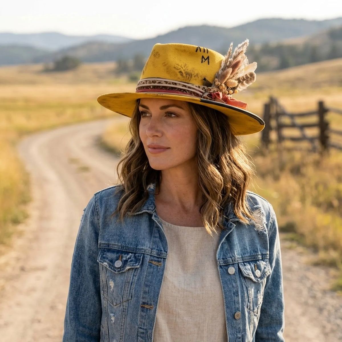Distressed Yellow Felt Western Hat Roman Numeral Marking