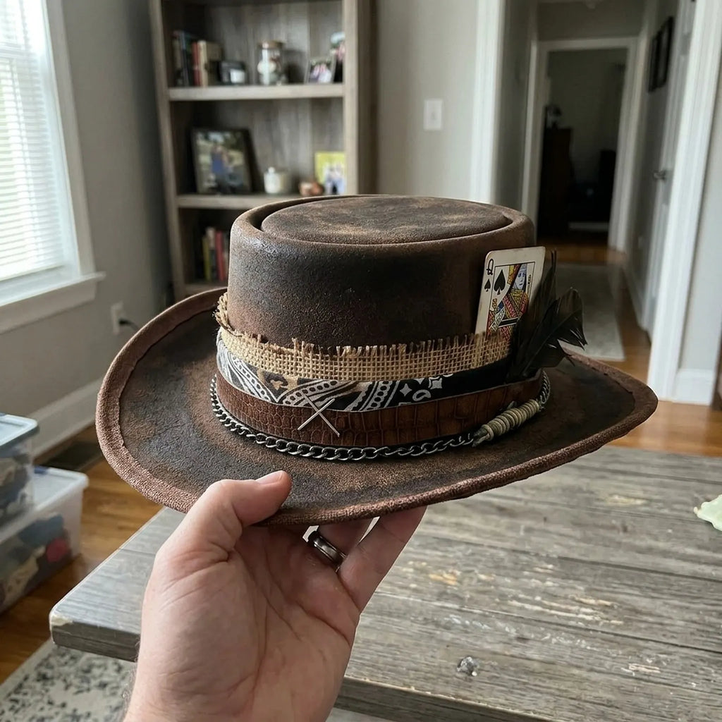Vintage Brown Pork Pie Hat with Playing Cards and Feather Band