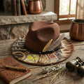 Hand-Painted Brown Western Fedora with Feather and Leather Band