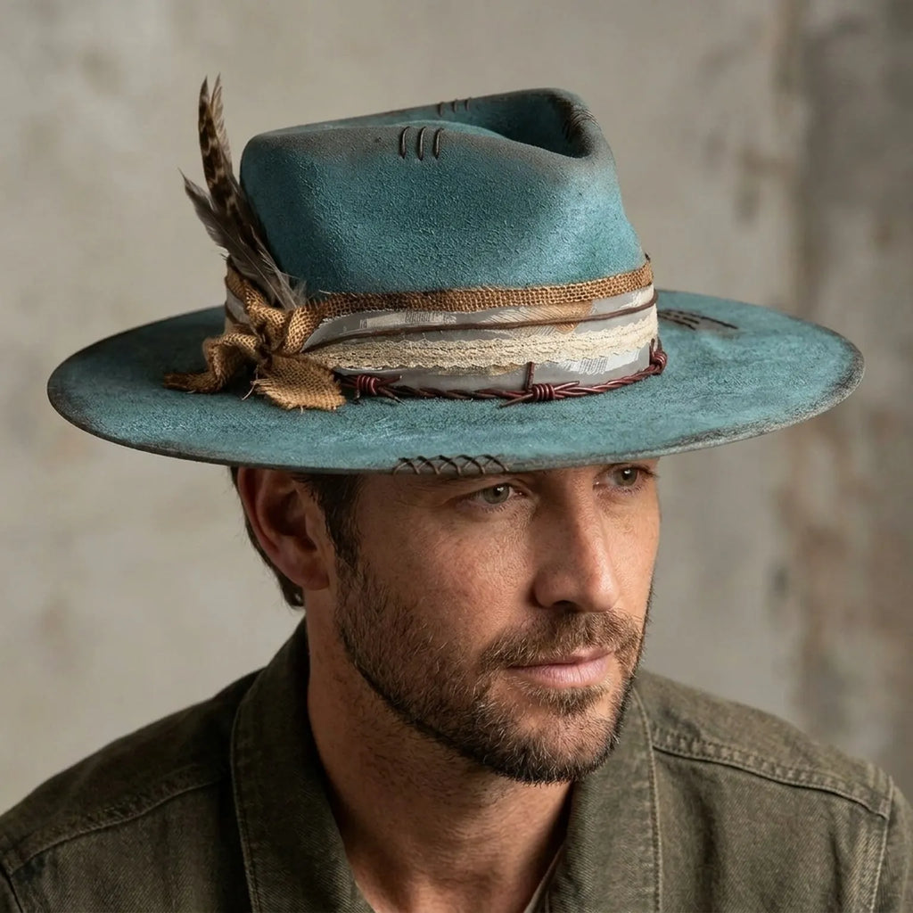 Teal Distressed Felt Fedora with Burlap Wrap and Barbed Wire