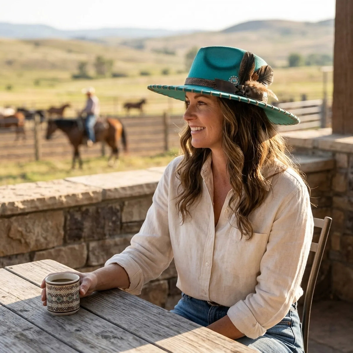 Teal Satin Cowboy Hat with Cow Print Brim and Feather Cluster