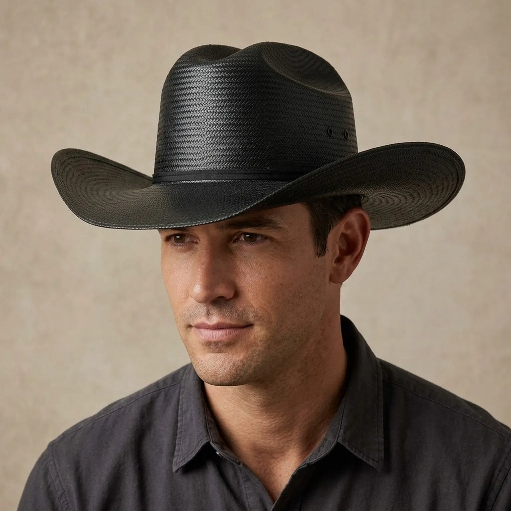 Black Straw Western Hat with Vented Crown and Ribbon Tie