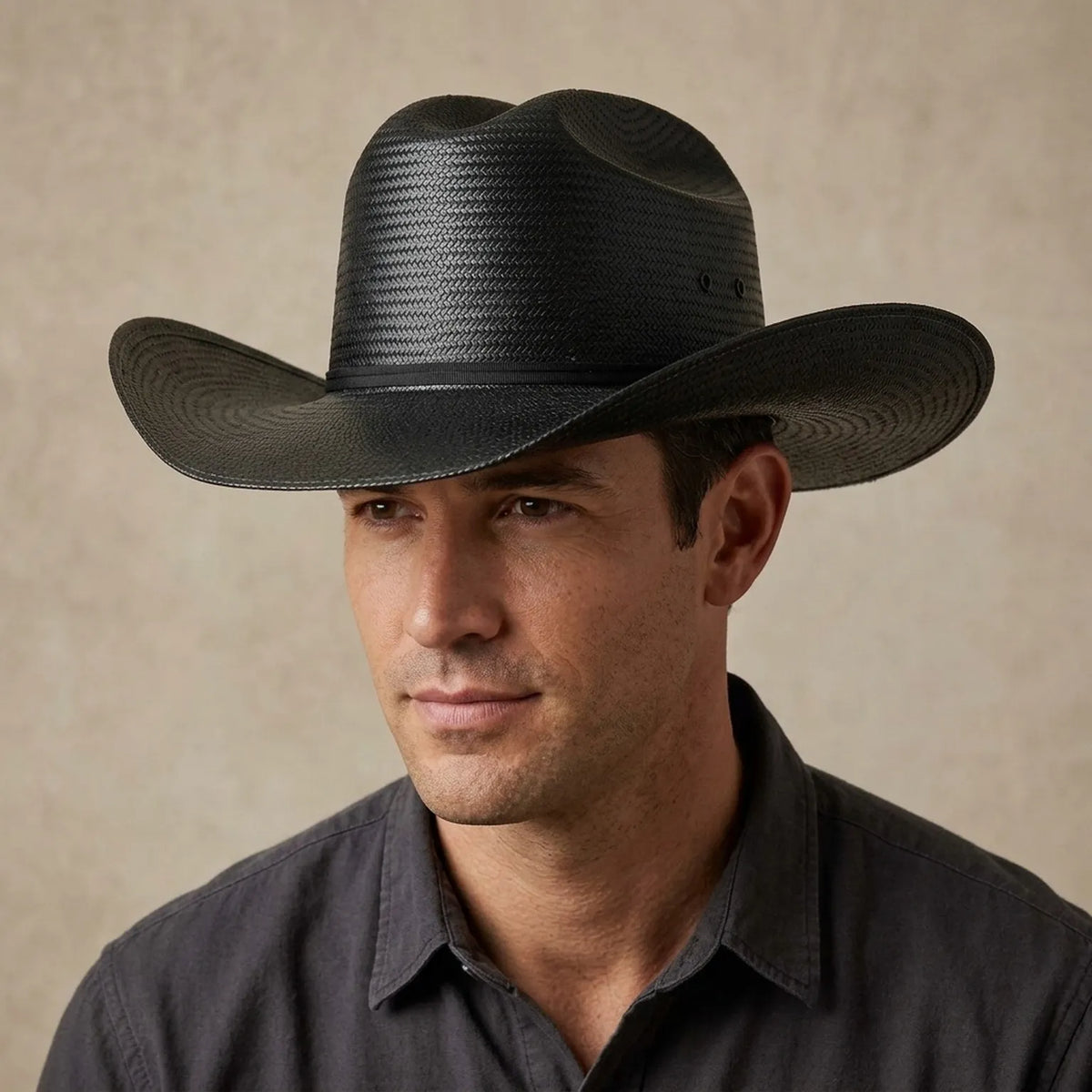 Black Straw Western Hat with Vented Crown and Ribbon Tie