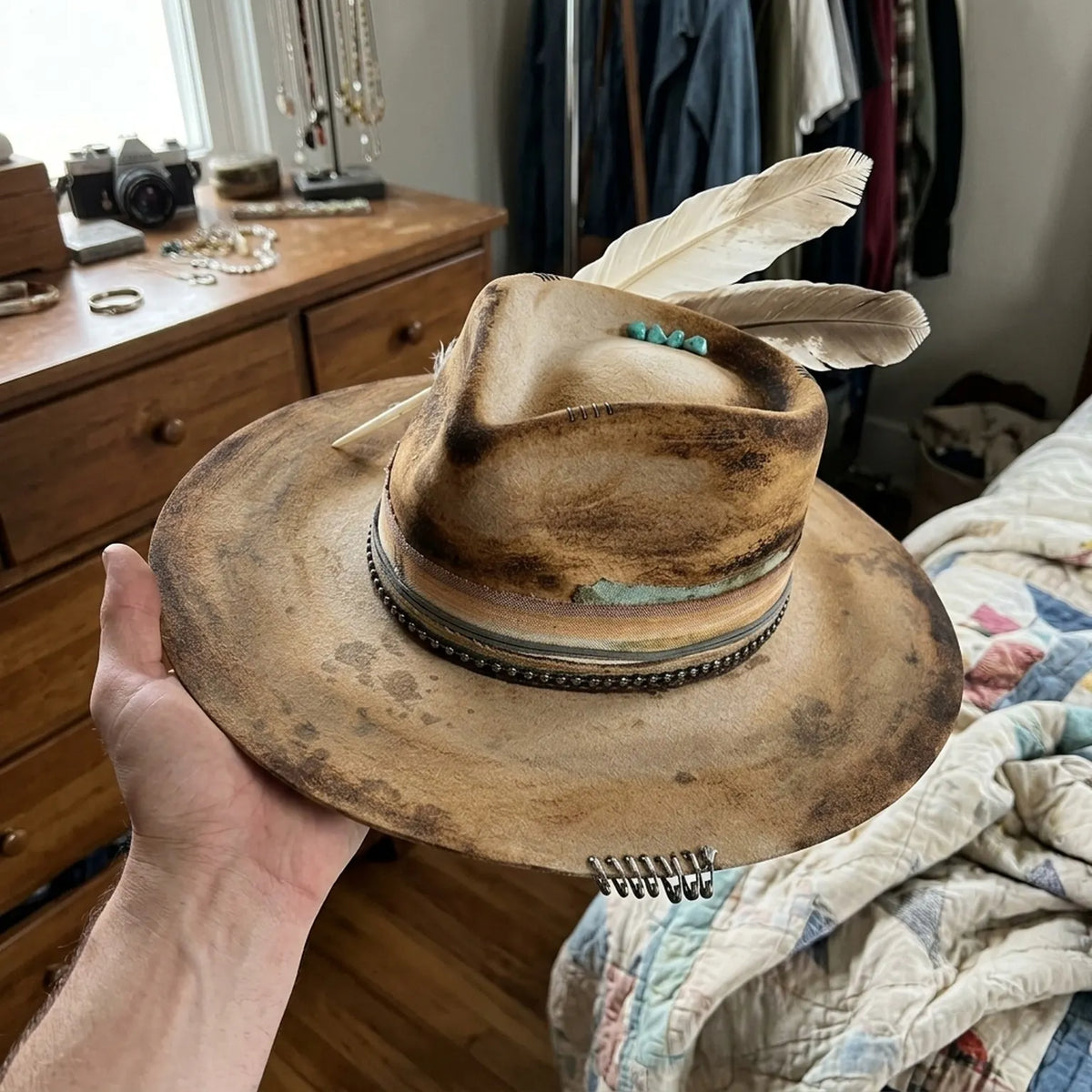 Weathered Tan Fedora with Turquoise Beads and Feather Band