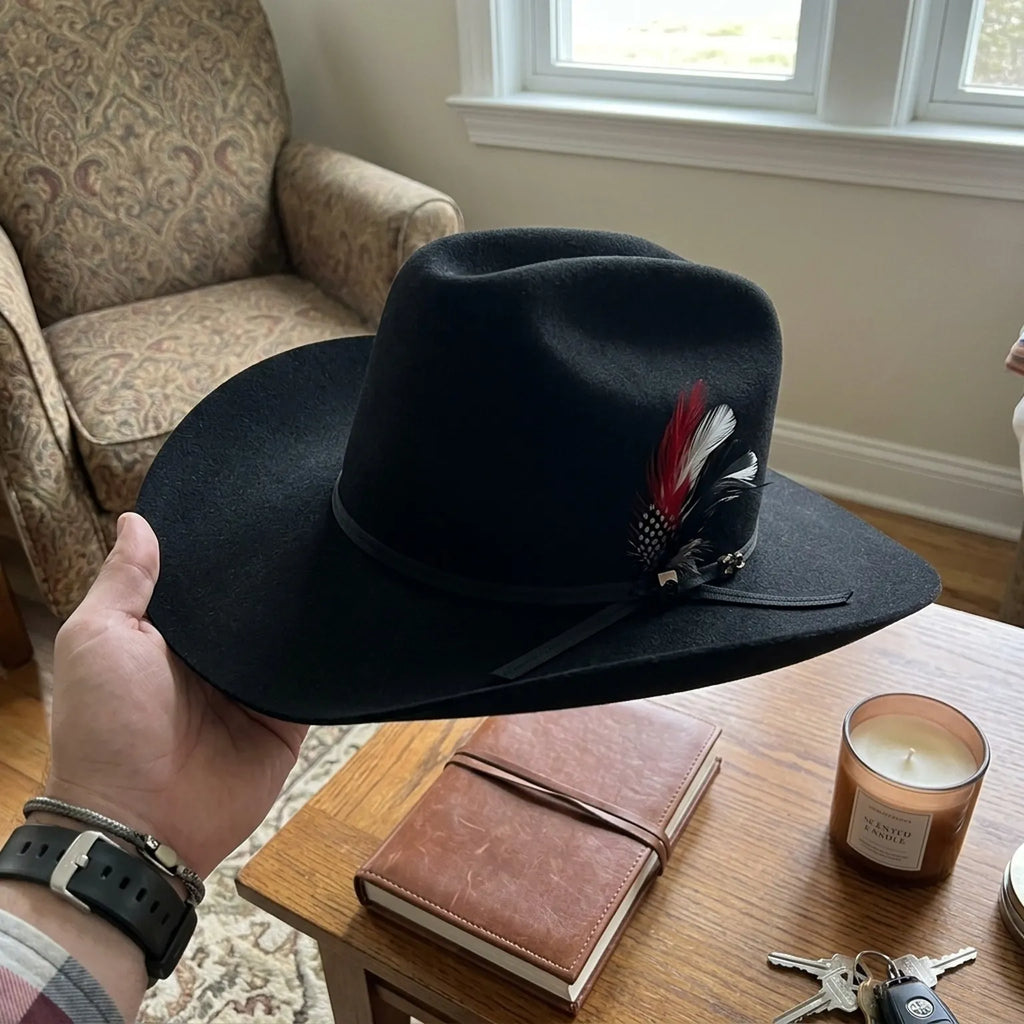 Black Wool Felt Cowboy Hat with Feather Detail