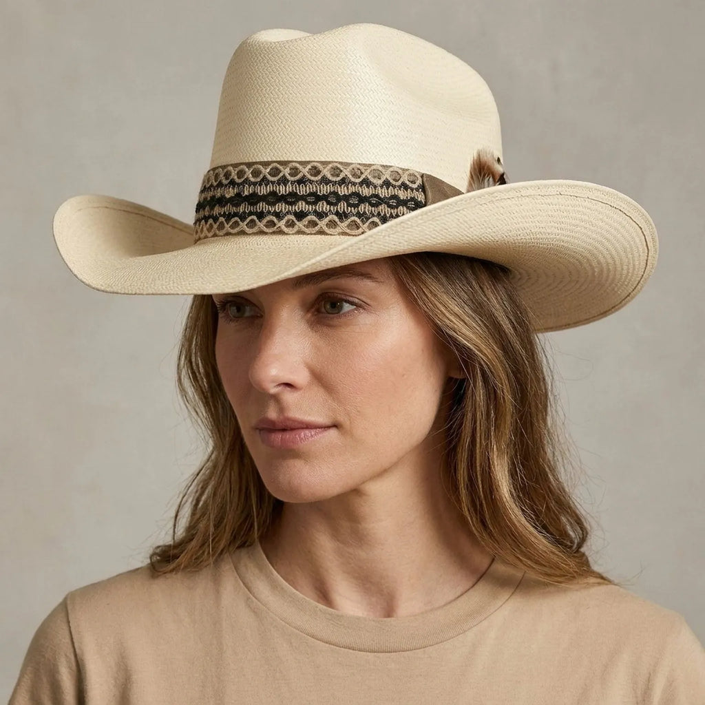 Cream Straw Cowboy Hat with Woven Band and Side Bow Detail