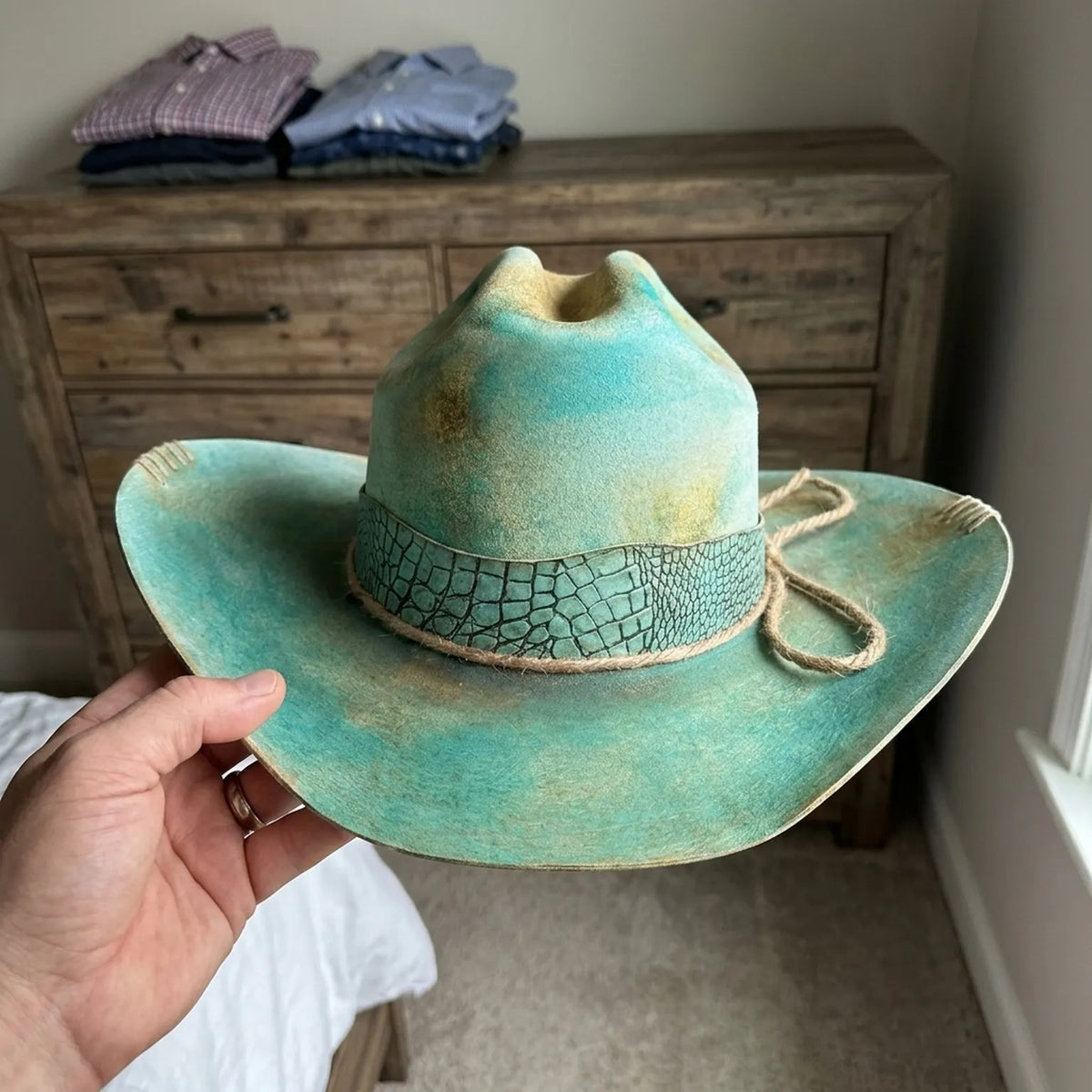 Turquoise Cowboy Hat with Crocodile Print Band and Rope Tie