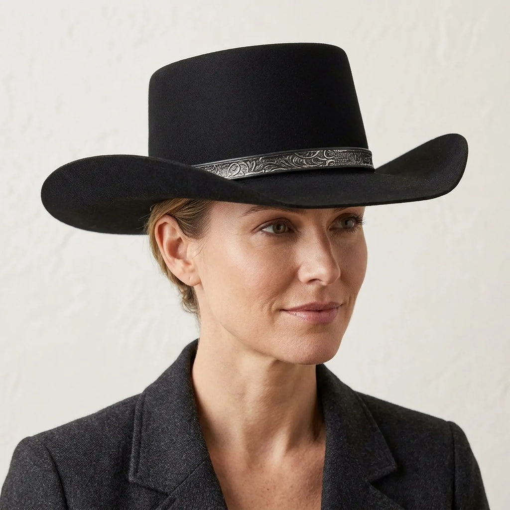 Black Flat Crown Western Hat With Embossed Band
