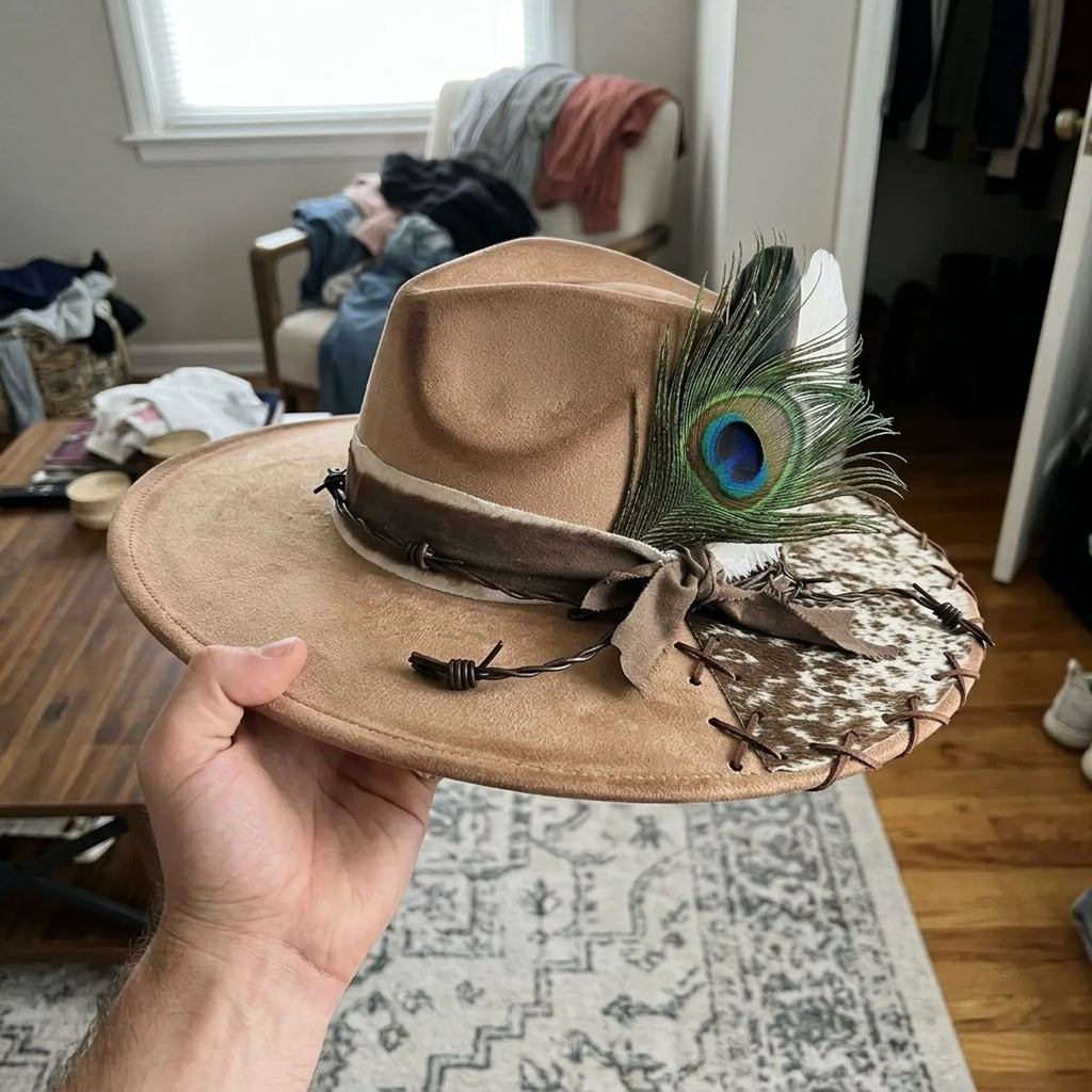 Tan Western Hat Peacock Feather Cowhide Patch Barbed Wire Band