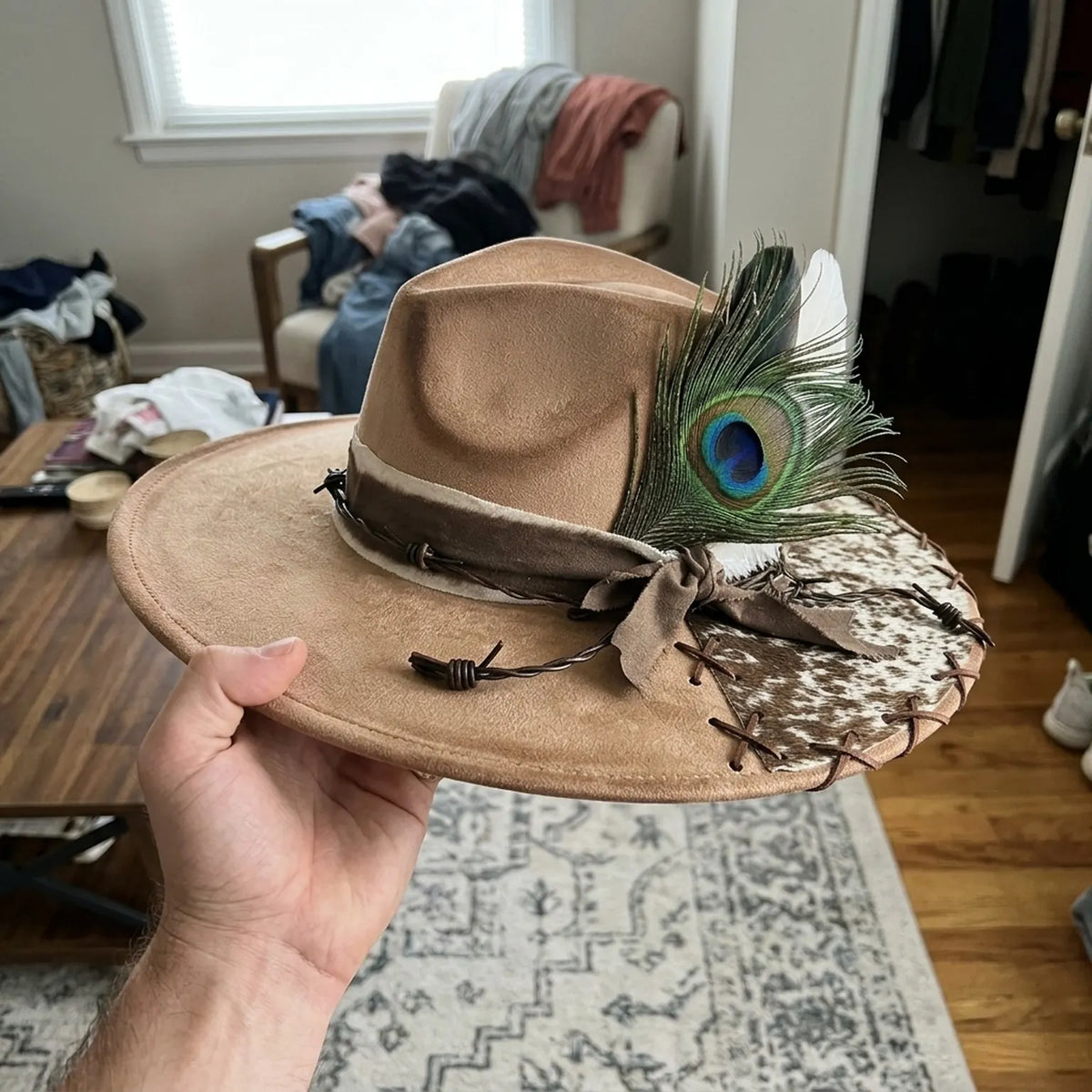 Tan Western Hat Peacock Feather Cowhide Patch Barbed Wire Band