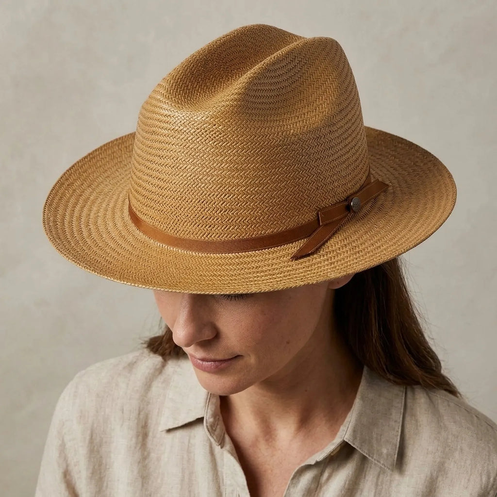 Golden Tan Herringbone Straw Fedora with Ribbon Bow Band