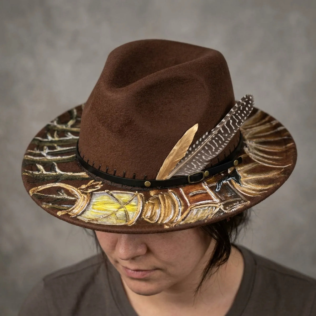 Hand-Painted Brown Western Fedora with Feather and Leather Band
