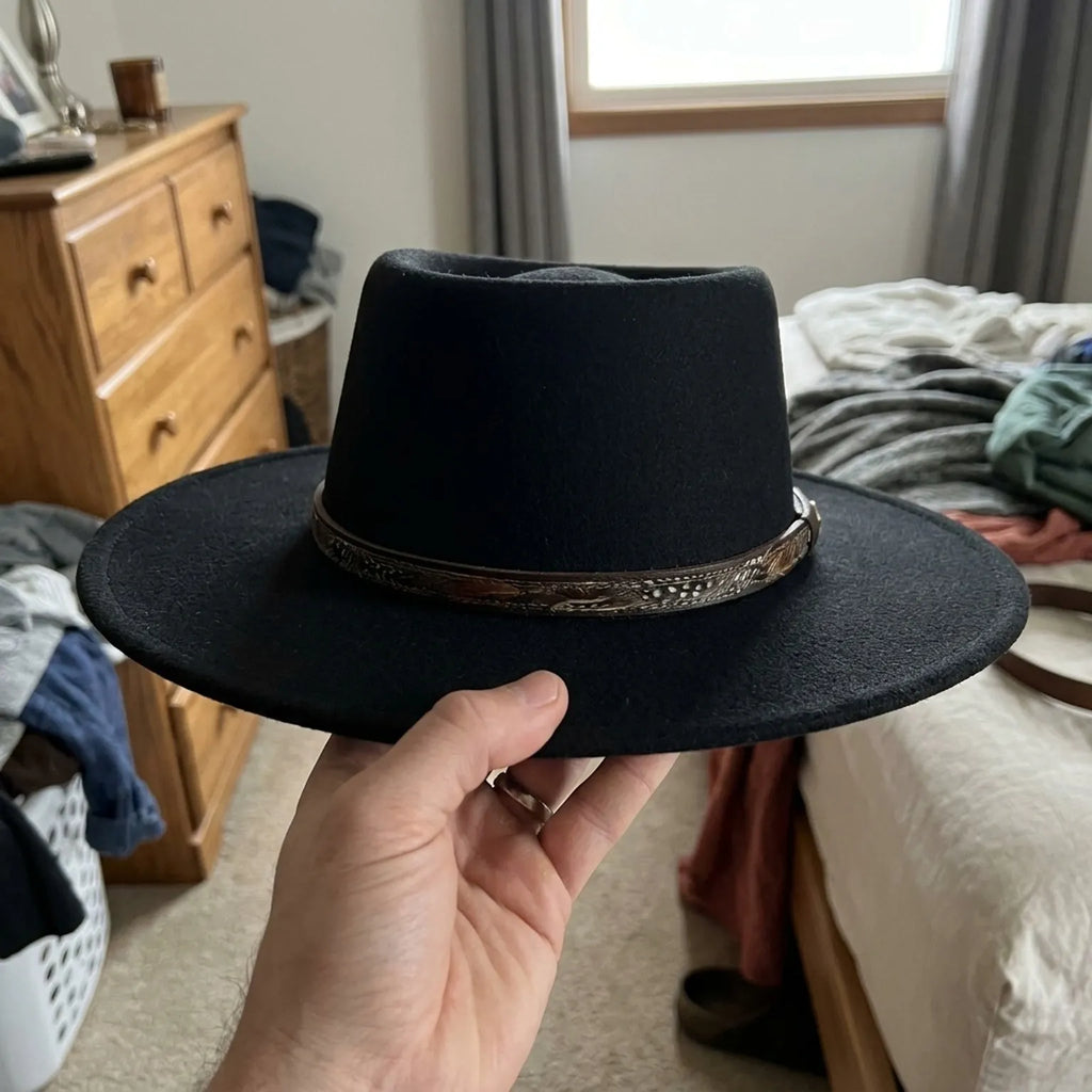 Unisex Black Flat Top Fedora with Feather Leather Band