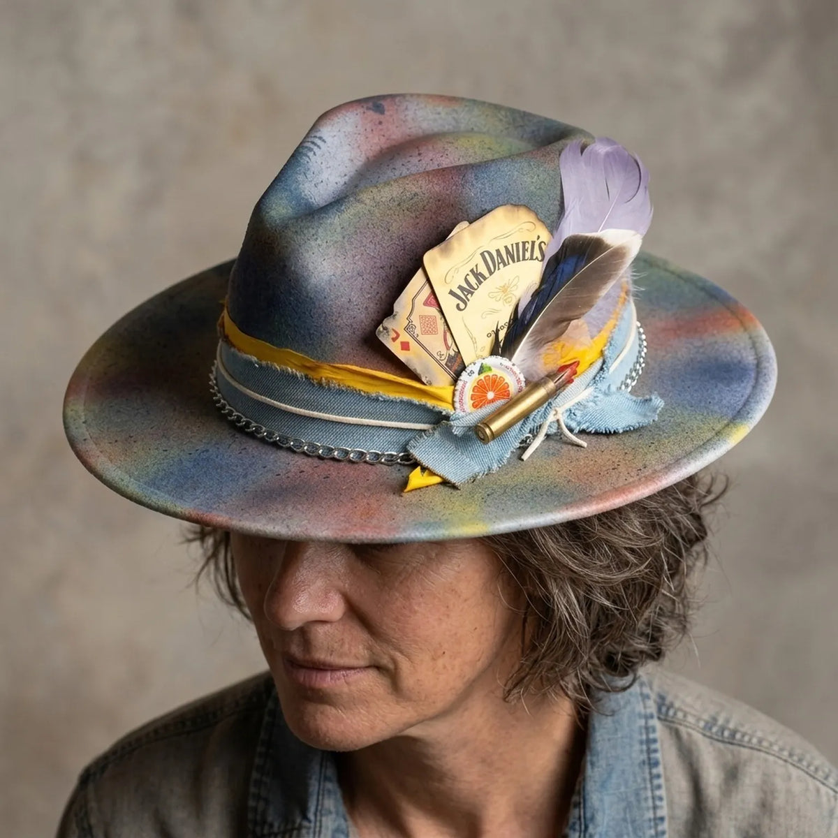 Multicolor Tie Dye Fedora with Jack Daniels Card Bullet and Chain