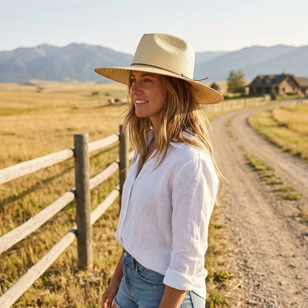 Natural Straw Sun Hat with Leather Cord for Garden and Beach Days