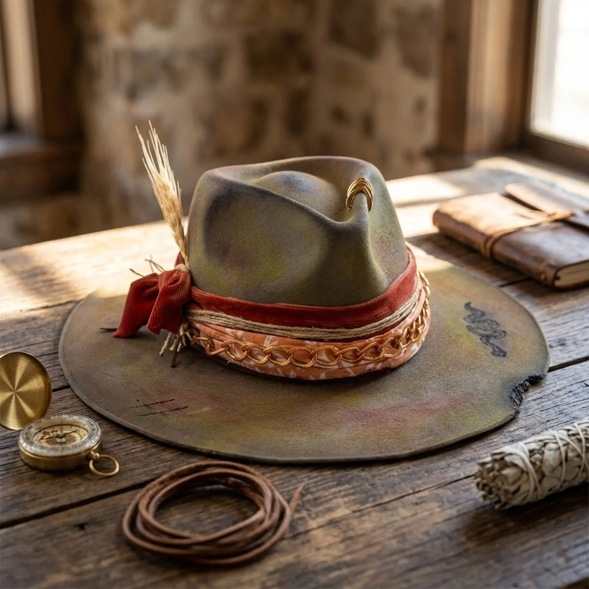 Olive Green Fedora with Wheat Stalk, Chain, and Red Ribbon Band