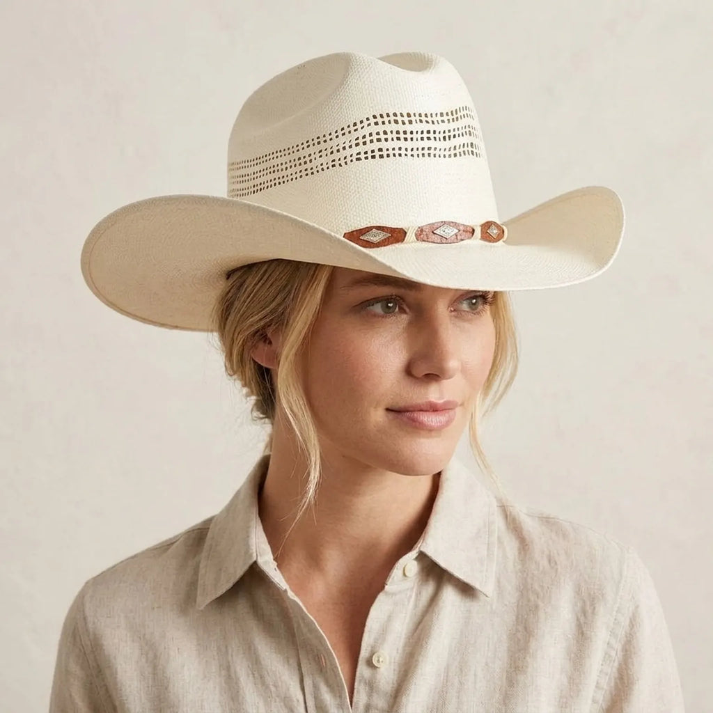 Cream Straw Western Hat with Vented Crown and Diamond Stud Band