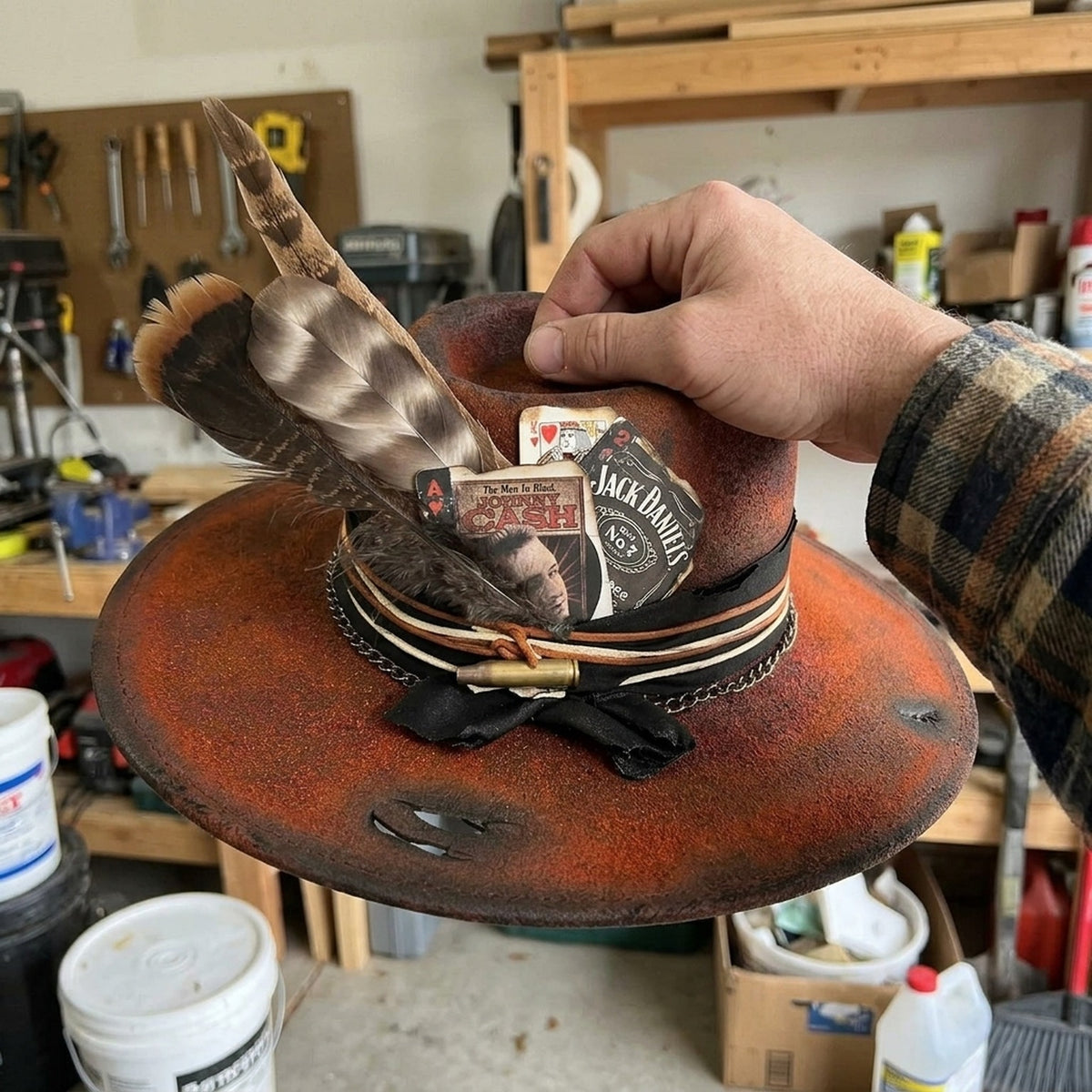 Rust Fedora with Musician Cards, Feathers and Bullet Casing