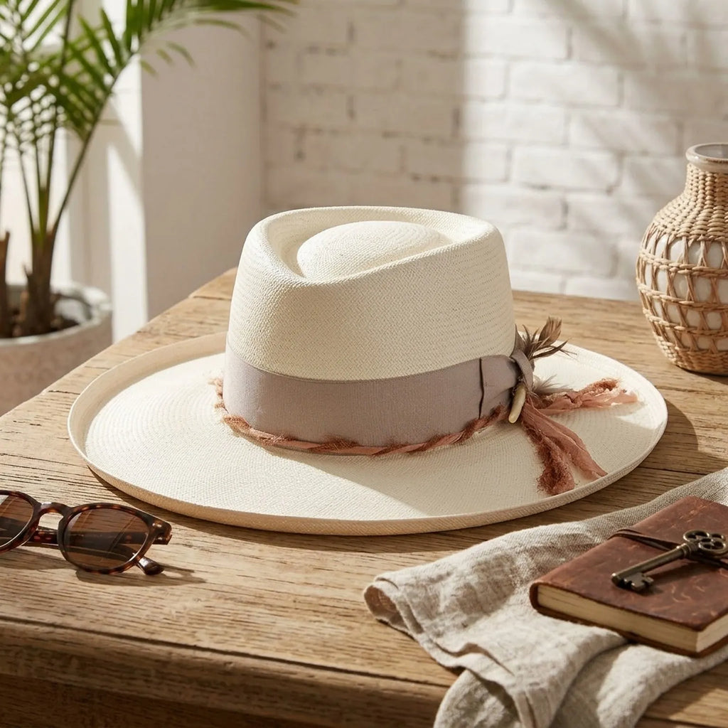Ivory Felt Fedora Hat with Frayed Pink Ribbon Band and Feathers