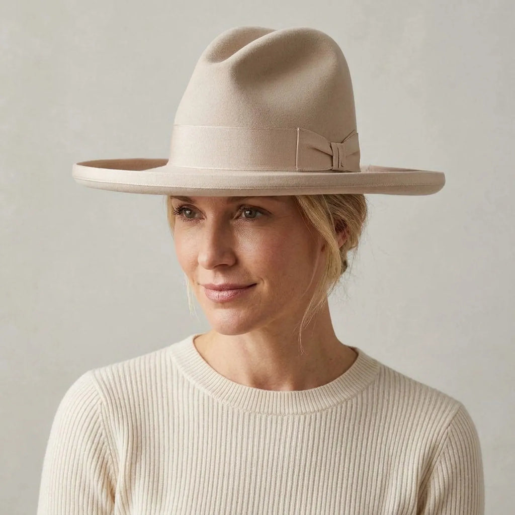 Cream Extra Wide-Brim Wool Felt Hat with Grosgrain Band
