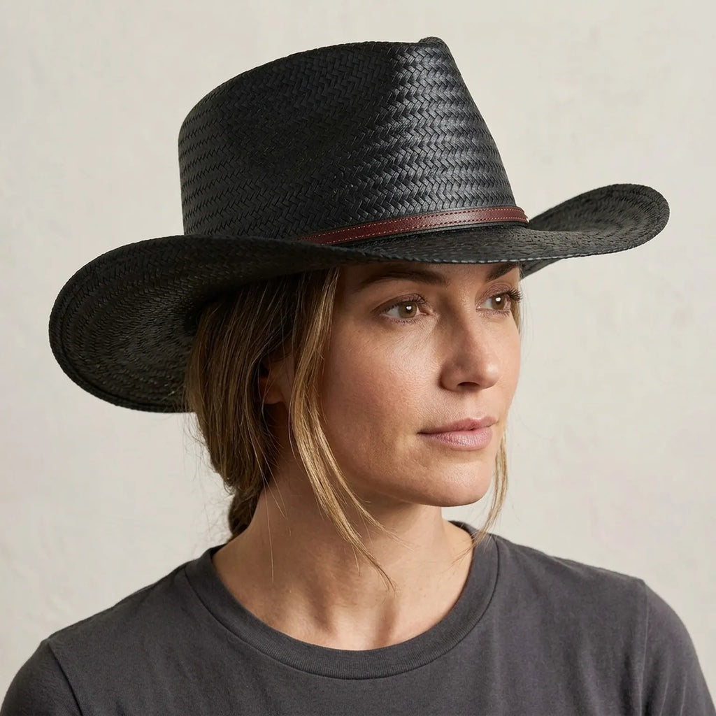 Black Woven Straw Hat With Wide Brim and Leather Band