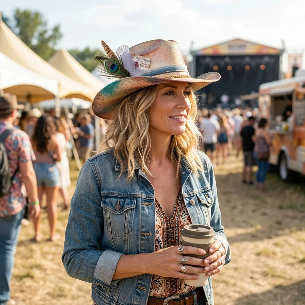 Tie-Dye Festival Fedora in Sunset Tones with Feather Chain