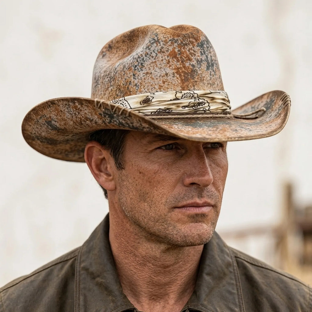 Weathered Brown Cowboy Hat with Paisley Bandana and Stitching