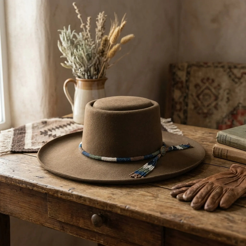 Brown Wool Felt Western Hat with Beaded Band and Brim