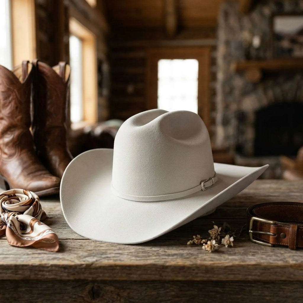 Ivory Wool Felt Western Hat with Matching Leather Band Detail