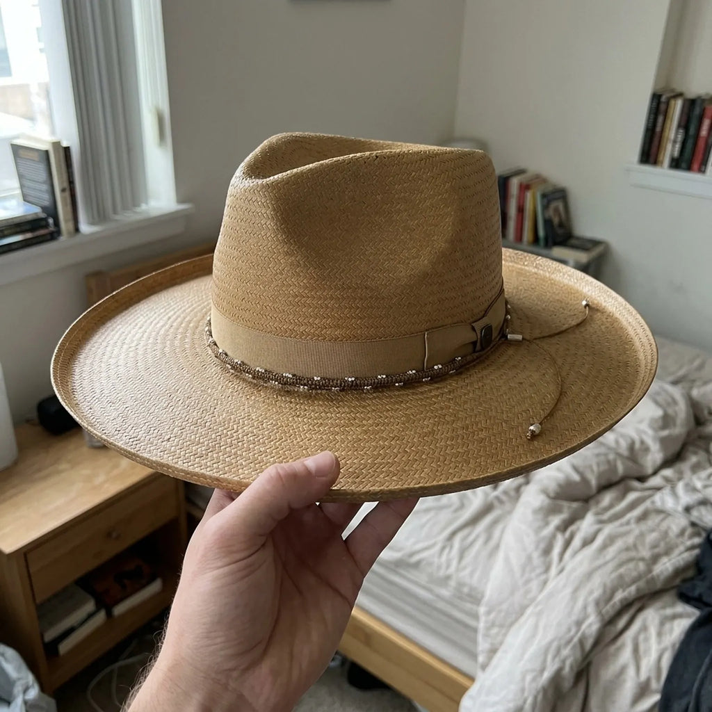Tan Straw Western Hat with Beaded Trim Band and Curled Brim