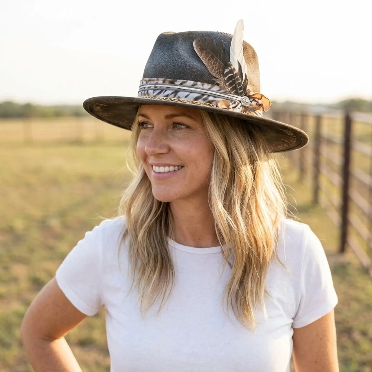 Charcoal Fedora with Gold Chain Zebra Print Band and Feathers