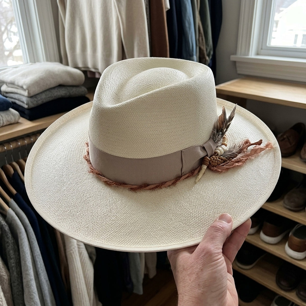 Ivory Felt Fedora Hat with Frayed Pink Ribbon Band and Feathers