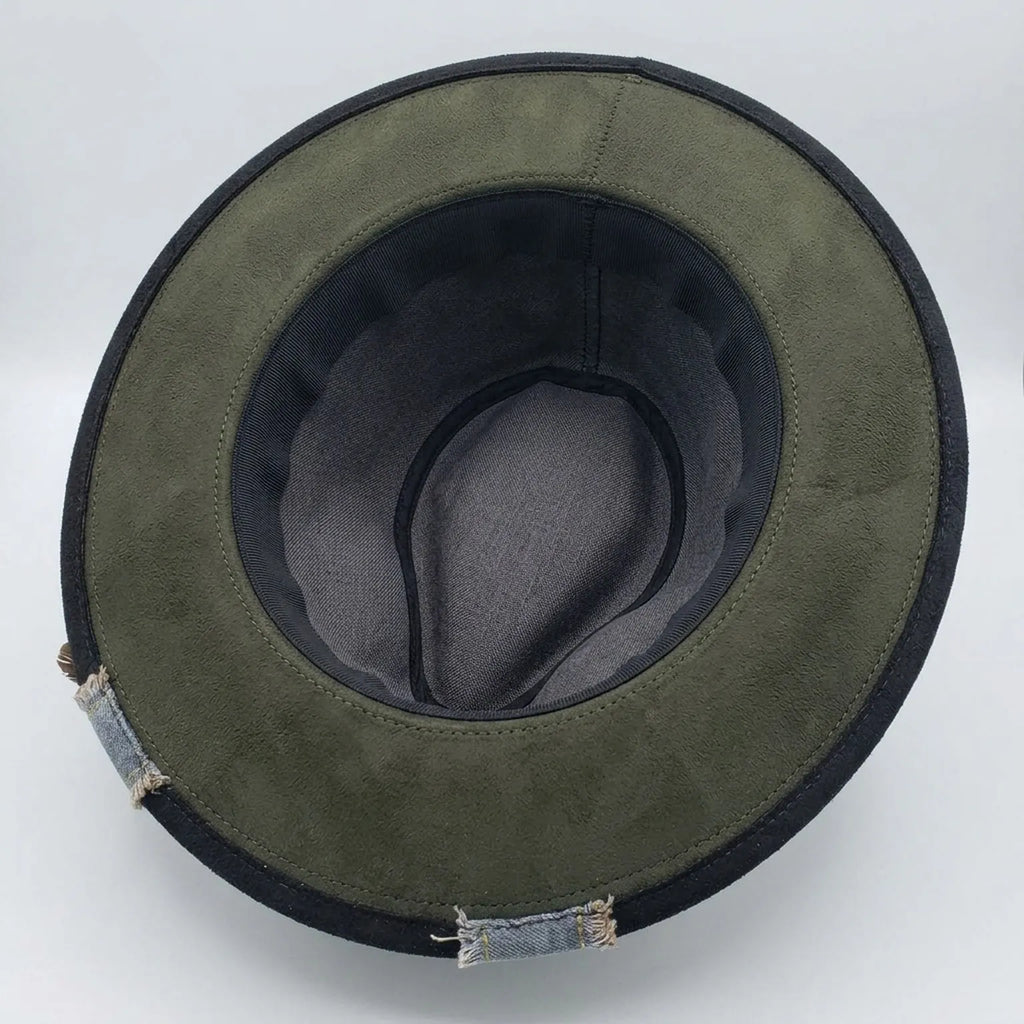 Black Painted Fedora with Perfume Bottle Art and Velvet Band