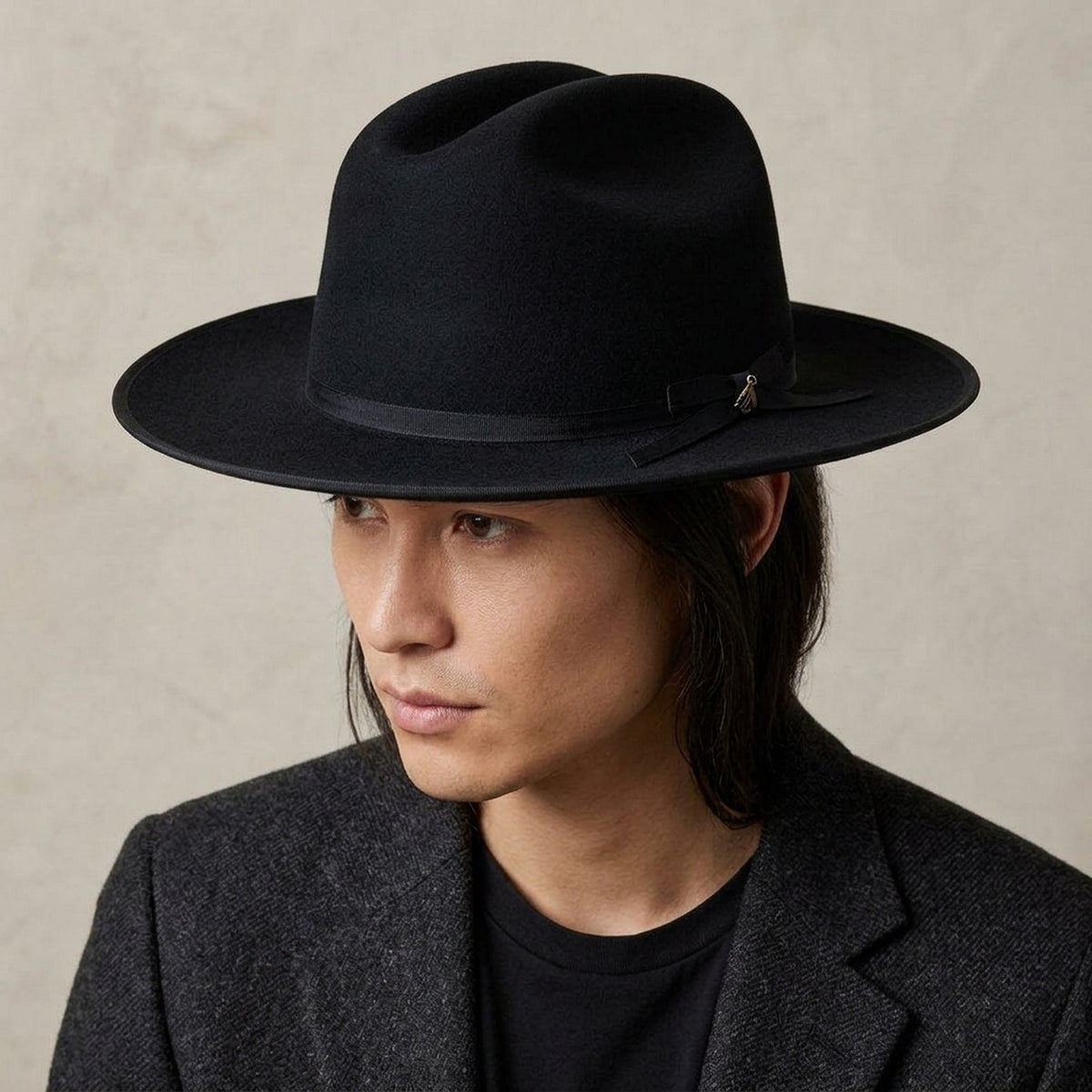 Unisex Black Wool Felt Fedora Hat with Ribbon Trim