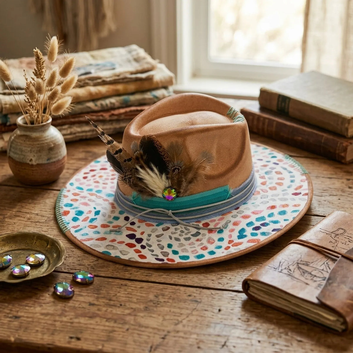 Tan Festival Fedora with Painted Confetti Brim and Feathers