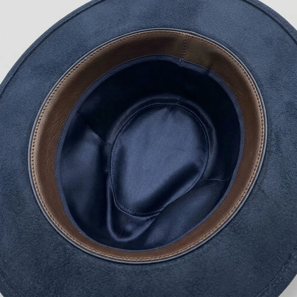 Navy Felt Western Hat with Leopard Brim and Feather Brooch