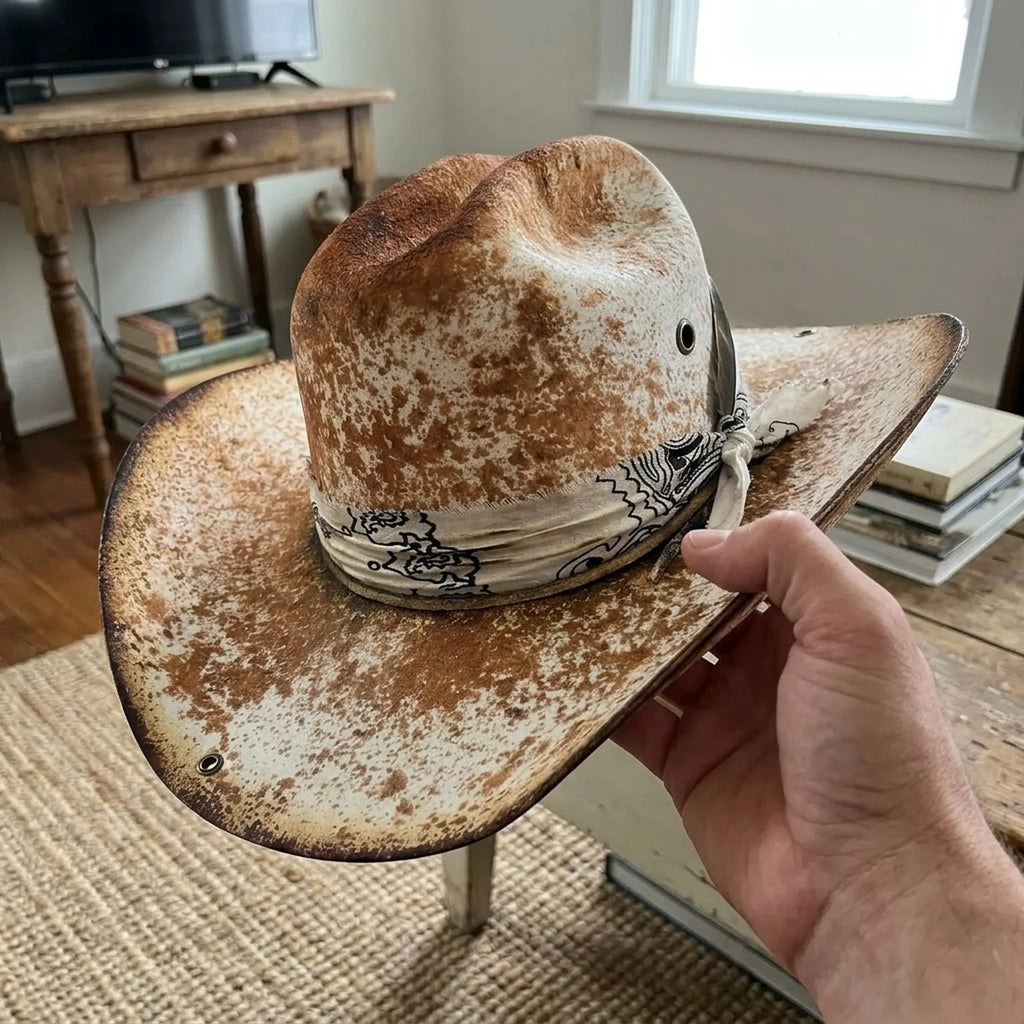 Speckled Tan Cowboy Hat with Paisley Bandana and Silver Concho