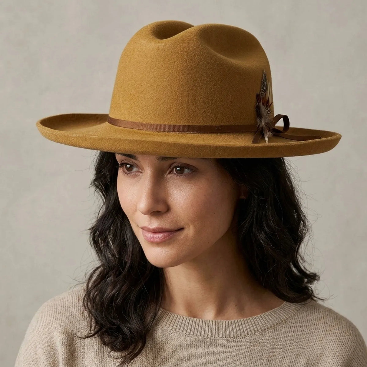 Unisex Mustard Wool Felt Western Hat with Feather Band