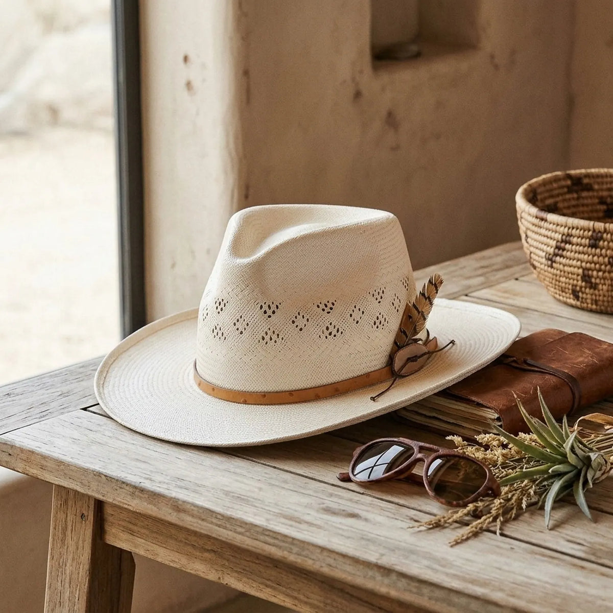 Ivory Straw Panama Hat with Perforated Crown and Feather Accent
