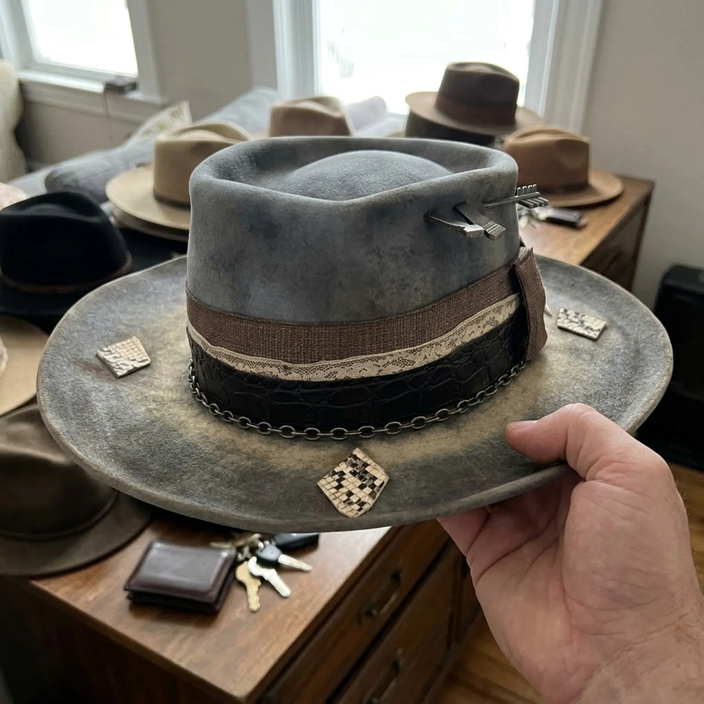 Smoke Gray Distressed Fedora with Croc Band and Arrow Details