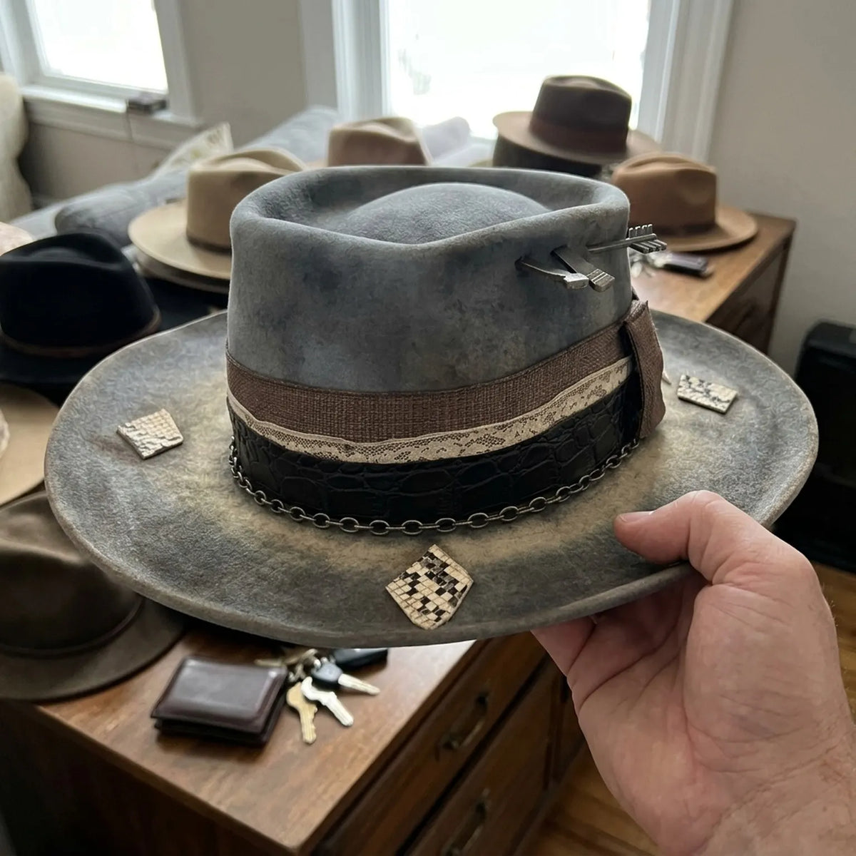 Smoke Gray Distressed Fedora with Croc Band and Arrow Details