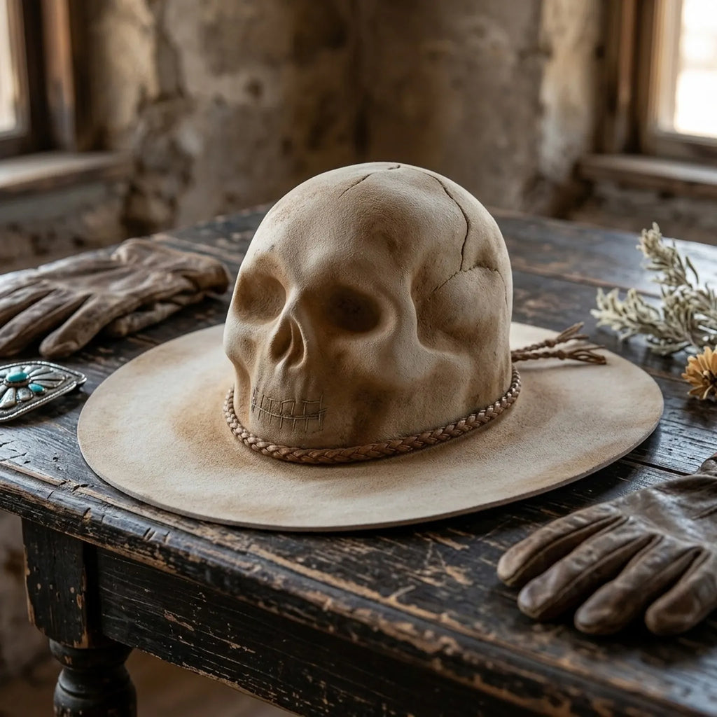 Beige Skull-Crown Fedora with Braided Leather Band Detail