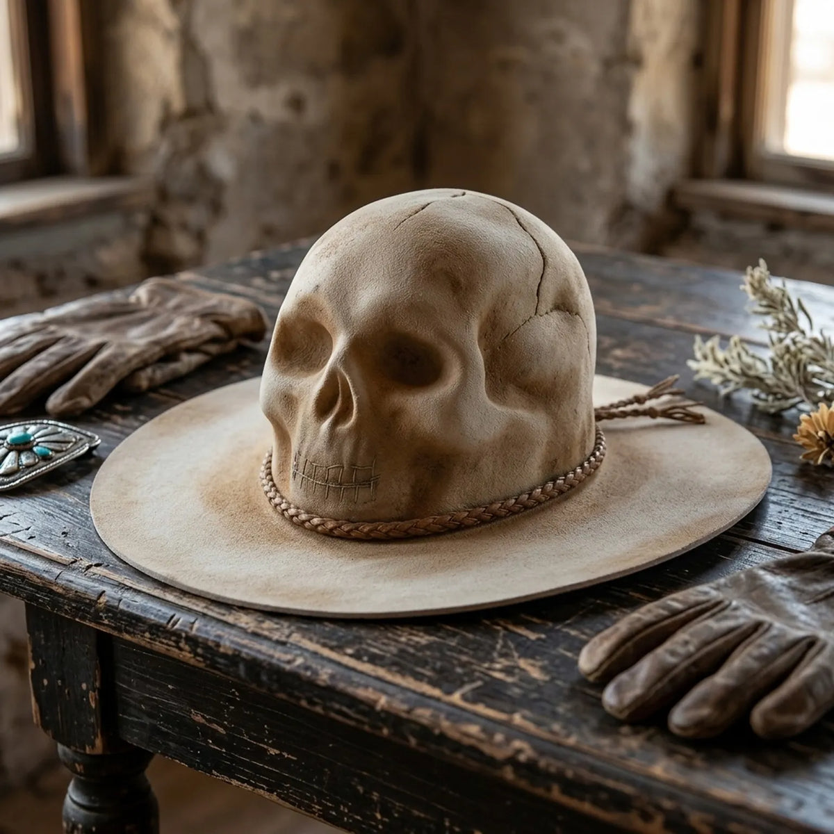 Beige Skull-Crown Fedora with Braided Leather Band Detail