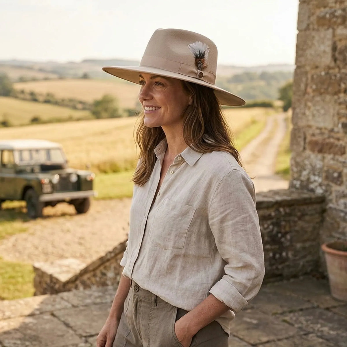 Cream Wide Brim Wool Felt Hat with Feather and Ribbon Band
